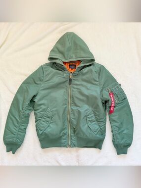 Alpha Industries MA-1 Natus Hooded Bomber Jacket - Green w/Orange lining - Large